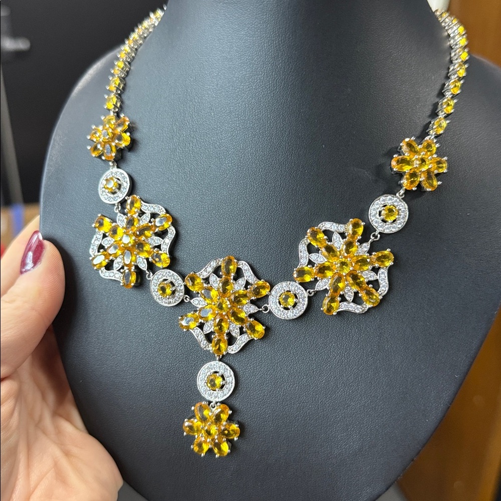 Yellow and white CZ Floral Necklace 18 inches sterling silver 925